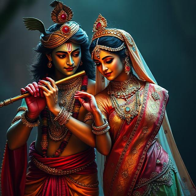 “Divine Radha Krishna HD image showing Krishna playing the flute while Radha stands beside him in a spiritual, peaceful posture.”