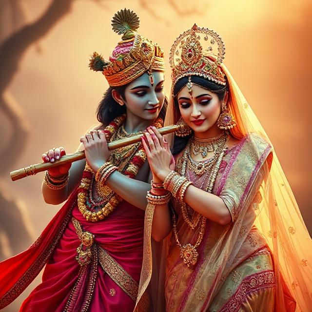 30+ Radha Krishna Photo Love 21 “Beautiful Radha Krishna standing together with divine expressions, Krishna holding a flute and Radha beside him in a graceful pose – a perfect glimpse of eternal love.”
