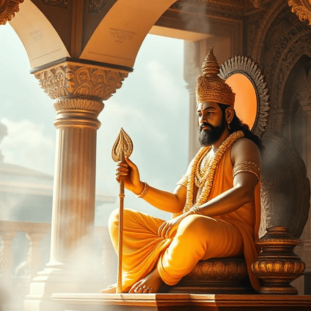 In this photo, Brihaspati Dev is sitting in his asana posture. In which he has a weapon in his hand and divine energy is emanating from his face.