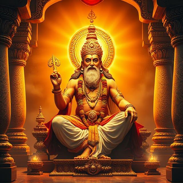 In this photo, Brihaspati Dev is sitting in his asana posture. In which he has a weapon in his hand and divine energy is emanating from his face.