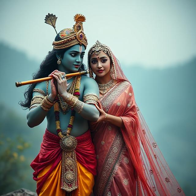 20+ Romantic Radha Krishna Photo- HD Images of Eternal Love 16 “Beautiful Radha Krishna standing together with divine expressions, Krishna holding a flute and Radha beside him in a graceful pose – a perfect glimpse of eternal love.”