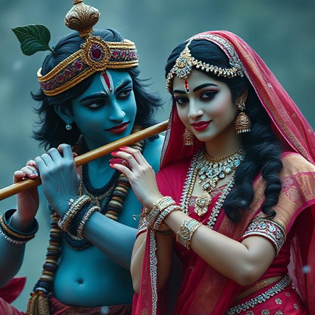 “Beautiful Radha Krishna standing together with divine expressions, Krishna holding a flute and Radha beside him in a graceful pose – a perfect glimpse of eternal love.”