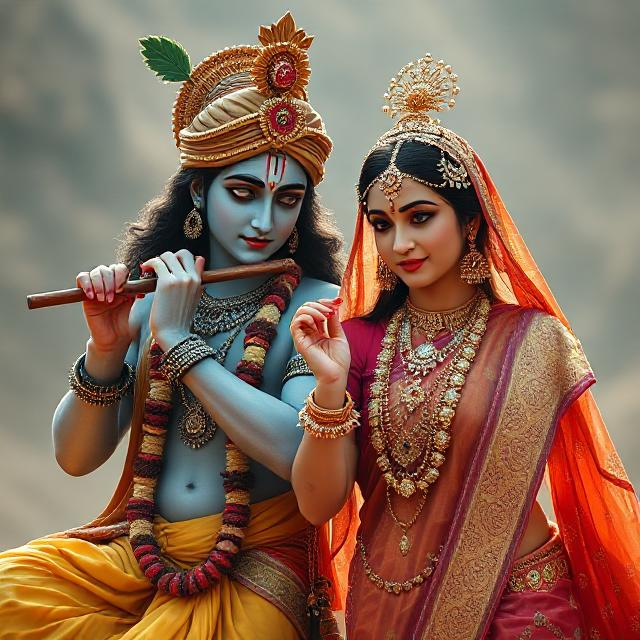 “Charming image of Radha Krishna in traditional clothes, Krishna with flute in hand and Radha gazing at him with pure devotion.”