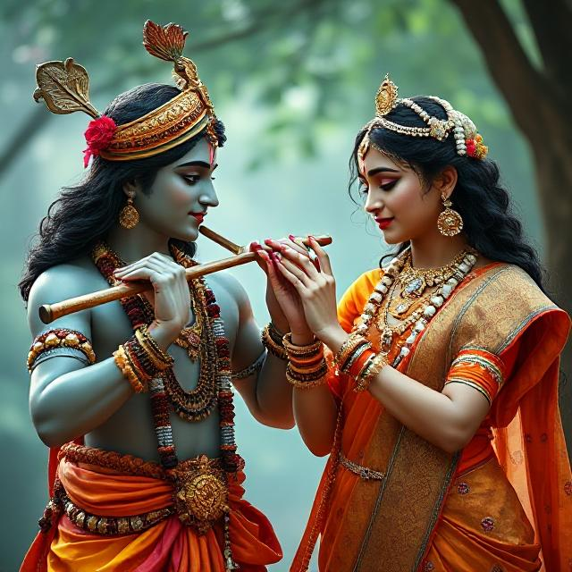 30+ Radha Krishna Photo Love 7 “Beautiful Radha Krishna standing together with divine expressions, Krishna holding a flute and Radha beside him in a graceful pose – a perfect glimpse of eternal love.”