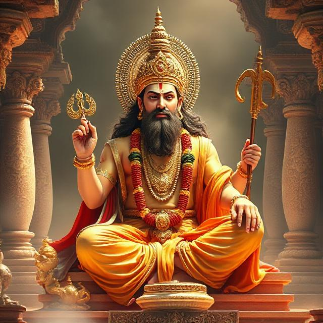 In this photo, Brihaspati Dev is sitting in his asana posture. In which he has a weapon in his hand and divine energy is emanating from his face.