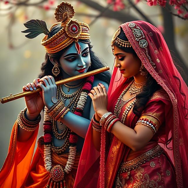 20+ Romantic Radha Krishna Photo- HD Images of Eternal Love 7 “Beautiful Radha Krishna standing together with divine expressions, Krishna holding a flute and Radha beside him in a graceful pose – a perfect glimpse of eternal love.”