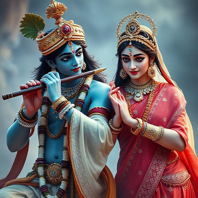 “Charming image of Radha Krishna in traditional clothes, Krishna with flute in hand and Radha gazing at him with pure devotion.”