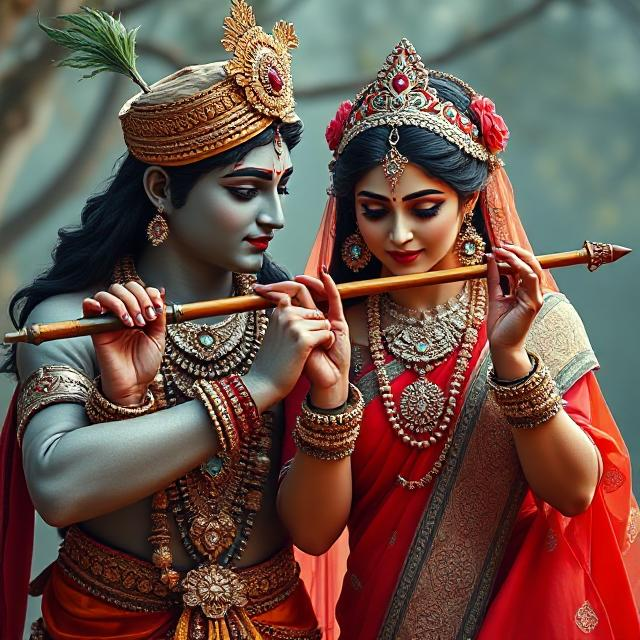 30+ Radha Krishna Photo Love 22 “Beautiful Radha Krishna standing together with divine expressions, Krishna holding a flute and Radha beside him in a graceful pose – a perfect glimpse of eternal love.”