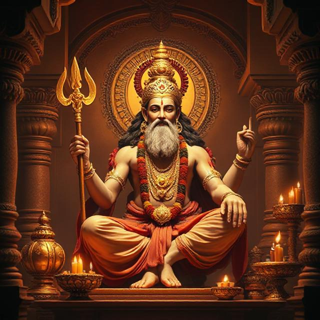 In this photo, Brihaspati Dev is sitting in his asana posture. In which he has a weapon in his hand and divine energy is emanating from his face.
