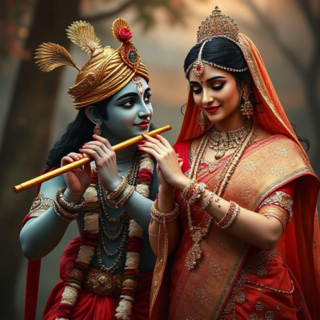 20+ Romantic Radha Krishna Photo- HD Images of Eternal Love 17 “Beautiful Radha Krishna standing together with divine expressions, Krishna holding a flute and Radha beside him in a graceful pose – a perfect glimpse of eternal love.”