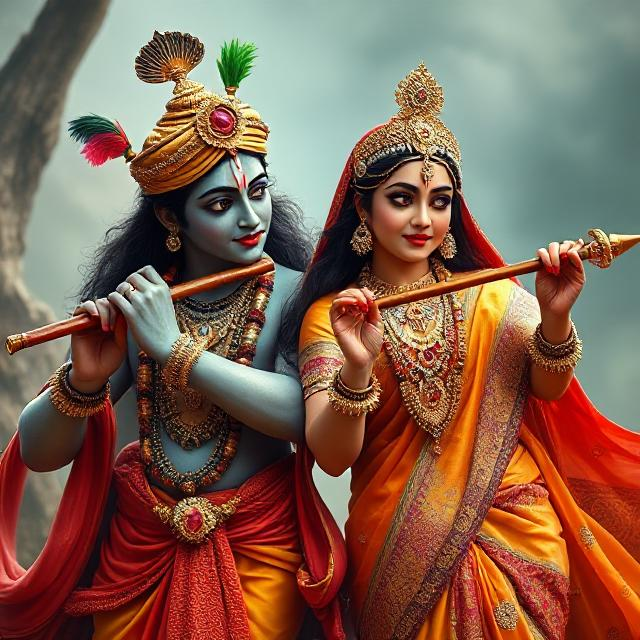 “Charming image of Radha Krishna in traditional clothes, Krishna with flute in hand and Radha gazing at him with pure devotion.”