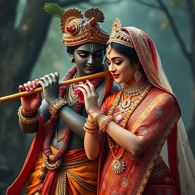 30+ Radha Krishna Photo Love 8 “Beautiful Radha Krishna standing together with divine expressions, Krishna holding a flute and Radha beside him in a graceful pose – a perfect glimpse of eternal love.”