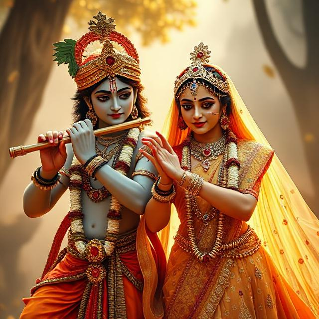 25+ Radha Krishna Real Photo: घर, मंदिर या स्टेटस के लिए बेस्ट फोटोज 8 “Charming image of Radha Krishna in traditional clothes, Krishna with flute in hand and Radha gazing at him with pure devotion.”