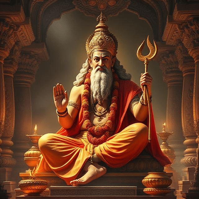 In this photo, Brihaspati Dev is sitting in his asana posture. In which he has a weapon in his hand and divine energy is emanating from his face.