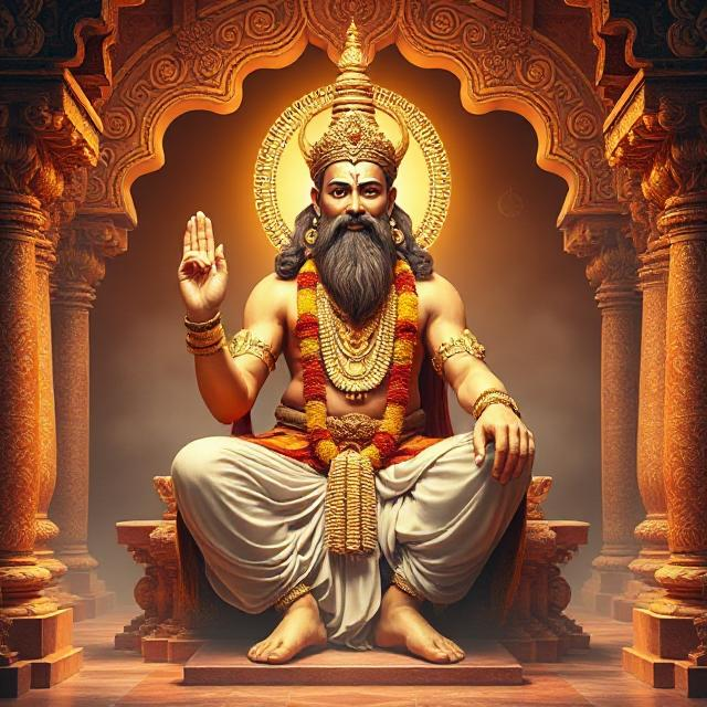 In this photo, Brihaspati Dev is sitting in his asana posture. In which he has a weapon in his hand and divine energy is emanating from his face.