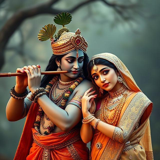 20+ Romantic Radha Krishna Photo- HD Images of Eternal Love 8 “Beautiful Radha Krishna standing together with divine expressions, Krishna holding a flute and Radha beside him in a graceful pose – a perfect glimpse of eternal love.”