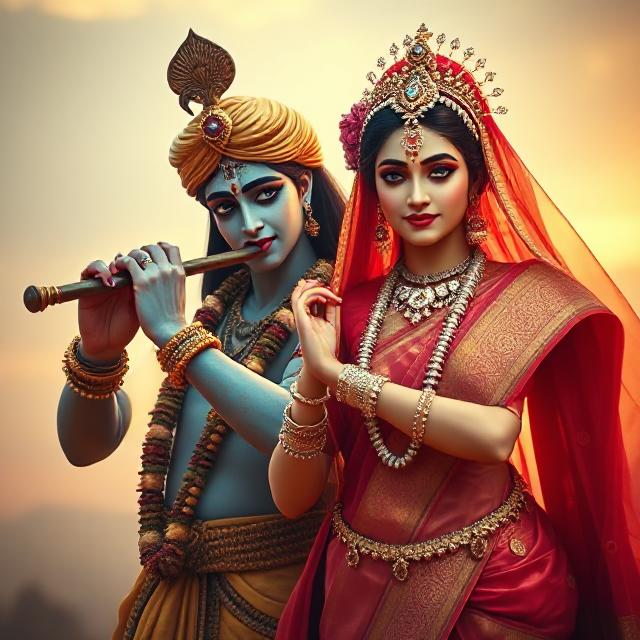 “Beautiful Radha Krishna standing together with divine expressions, Krishna holding a flute and Radha beside him in a graceful pose – a perfect glimpse of eternal love.”
