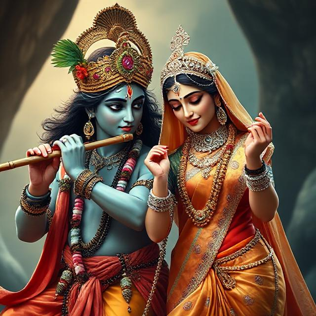 “Charming image of Radha Krishna in traditional clothes, Krishna with flute in hand and Radha gazing at him with pure devotion.”