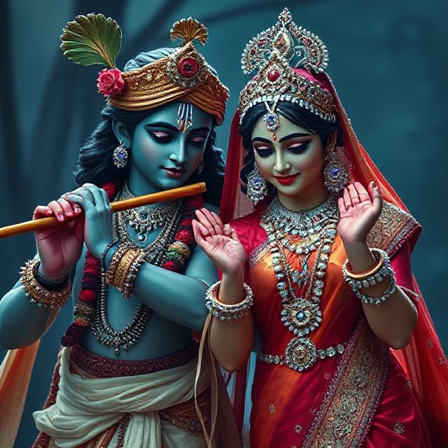“Divine Radha Krishna HD image showing Krishna playing the flute while Radha stands beside him in a spiritual, peaceful posture.”