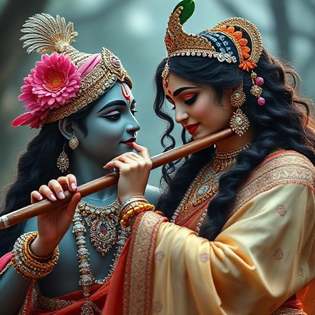 30+ Radha Krishna Photo Love 23 “Beautiful Radha Krishna standing together with divine expressions, Krishna holding a flute and Radha beside him in a graceful pose – a perfect glimpse of eternal love.”