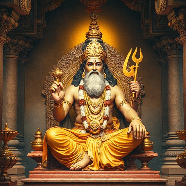 In this photo, Brihaspati Dev is sitting in his asana posture. In which he has a weapon in his hand and divine energy is emanating from his face.