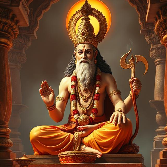 In this photo, Brihaspati Dev is sitting in his asana posture. In which he has a weapon in his hand and divine energy is emanating from his face.