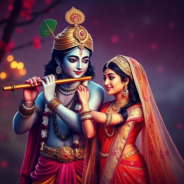 20+ Romantic Radha Krishna Photo- HD Images of Eternal Love 18 “Beautiful Radha Krishna standing together with divine expressions, Krishna holding a flute and Radha beside him in a graceful pose – a perfect glimpse of eternal love.”