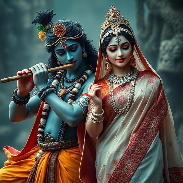“Charming image of Radha Krishna in traditional clothes, Krishna with flute in hand and Radha gazing at him with pure devotion.”