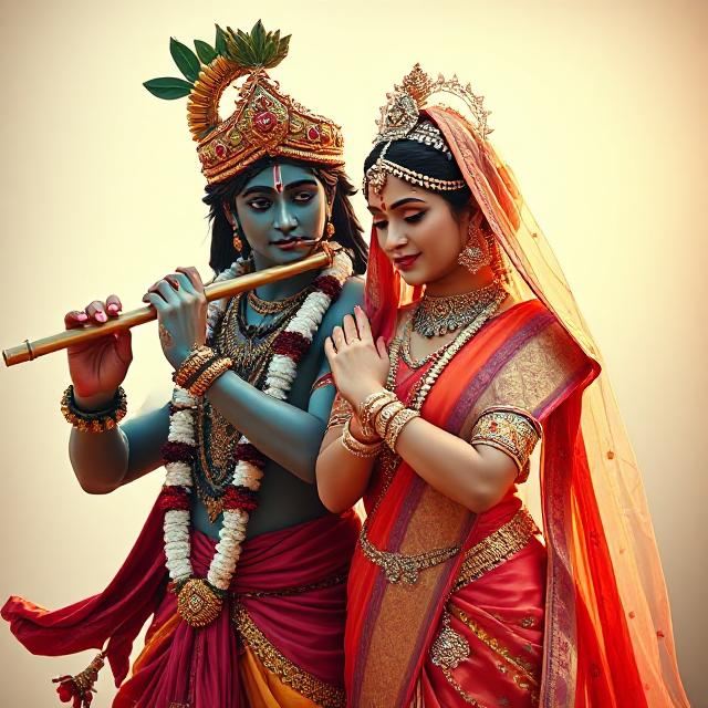“Divine Radha Krishna HD image showing Krishna playing the flute while Radha stands beside him in a spiritual, peaceful posture.”