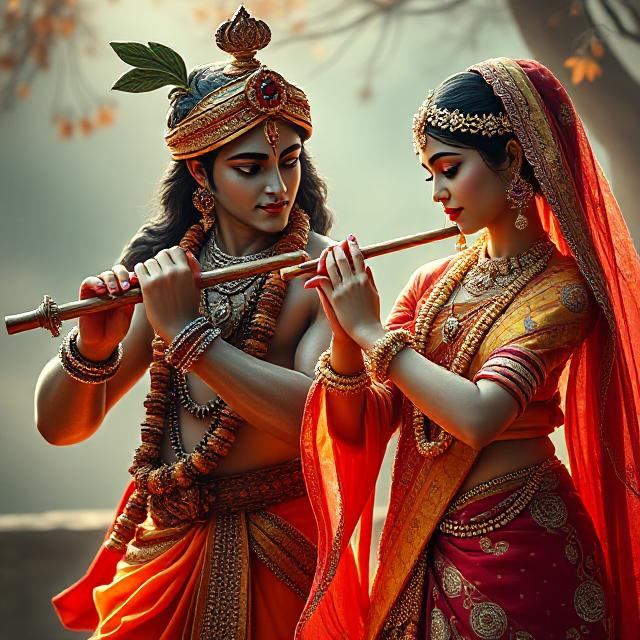 30+ Radha Krishna Photo Love 9 “Beautiful Radha Krishna standing together with divine expressions, Krishna holding a flute and Radha beside him in a graceful pose – a perfect glimpse of eternal love.”