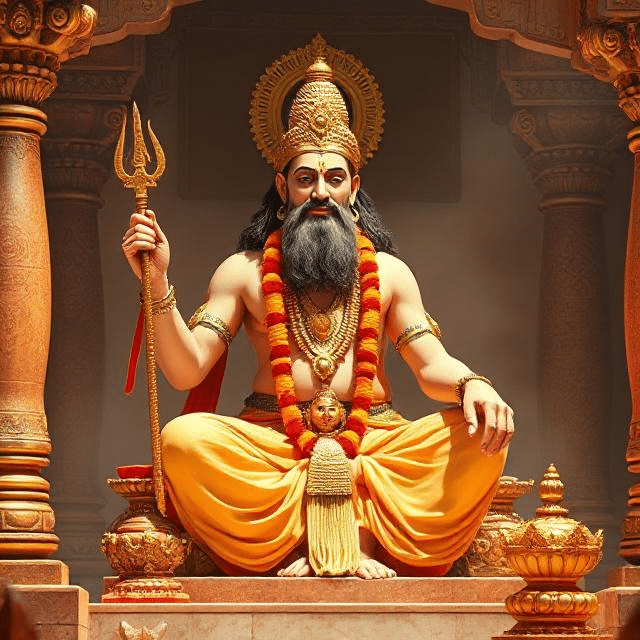 In this photo, Brihaspati Dev is sitting in his asana posture. In which he has a weapon in his hand and divine energy is emanating from his face.