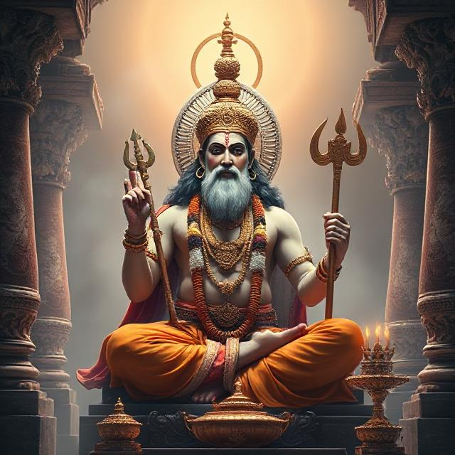 In this photo, Brihaspati Dev is sitting in his asana posture. In which he has a weapon in his hand and divine energy is emanating from his face.