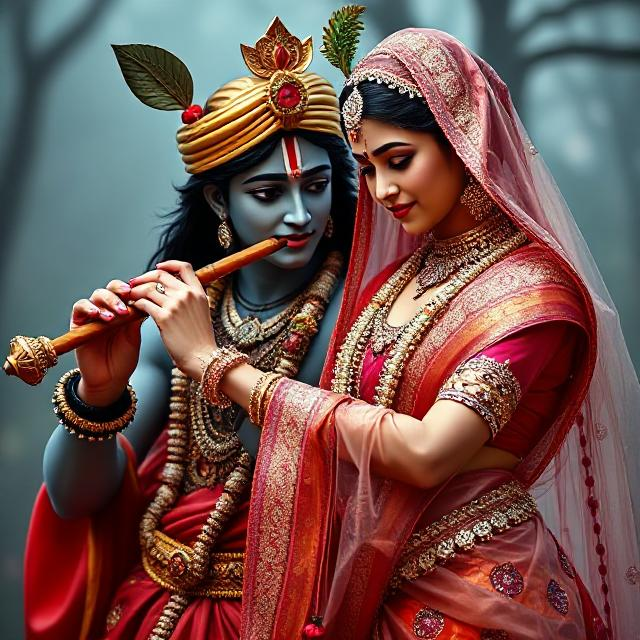 20+ Romantic Radha Krishna Photo- HD Images of Eternal Love 9 “Beautiful Radha Krishna standing together with divine expressions, Krishna holding a flute and Radha beside him in a graceful pose – a perfect glimpse of eternal love.”