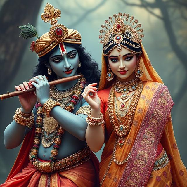 “Beautiful Radha Krishna standing together with divine expressions, Krishna holding a flute and Radha beside him in a graceful pose – a perfect glimpse of eternal love.”