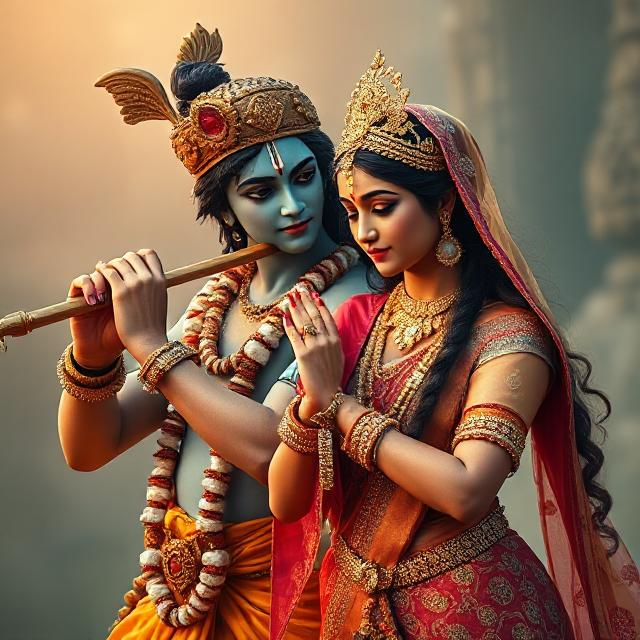 “Charming image of Radha Krishna in traditional clothes, Krishna with flute in hand and Radha gazing at him with pure devotion.”