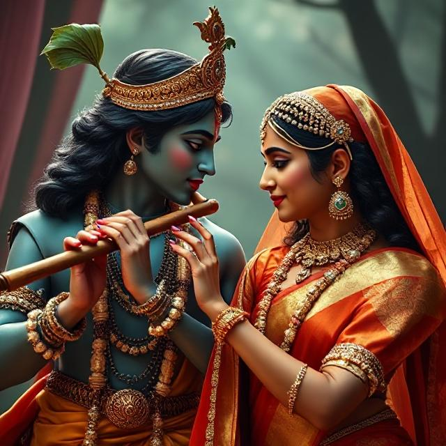 “Divine Radha Krishna HD image showing Krishna playing the flute while Radha stands beside him in a spiritual, peaceful posture.”