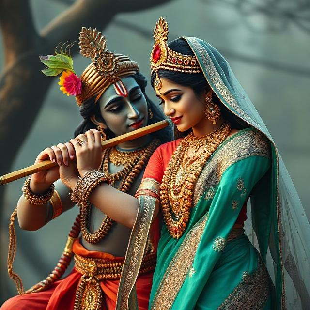 30+ Radha Krishna Photo Love 24 “Beautiful Radha Krishna standing together with divine expressions, Krishna holding a flute and Radha beside him in a graceful pose – a perfect glimpse of eternal love.”