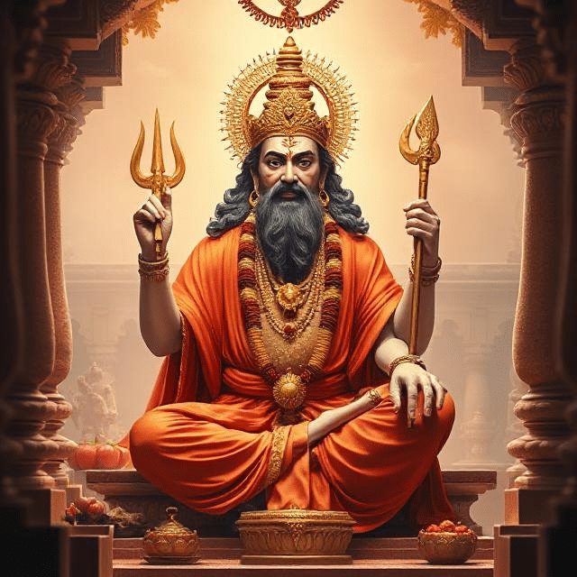 In this photo, Brihaspati Dev is sitting in his asana posture. In which he has a weapon in his hand and divine energy is emanating from his face.