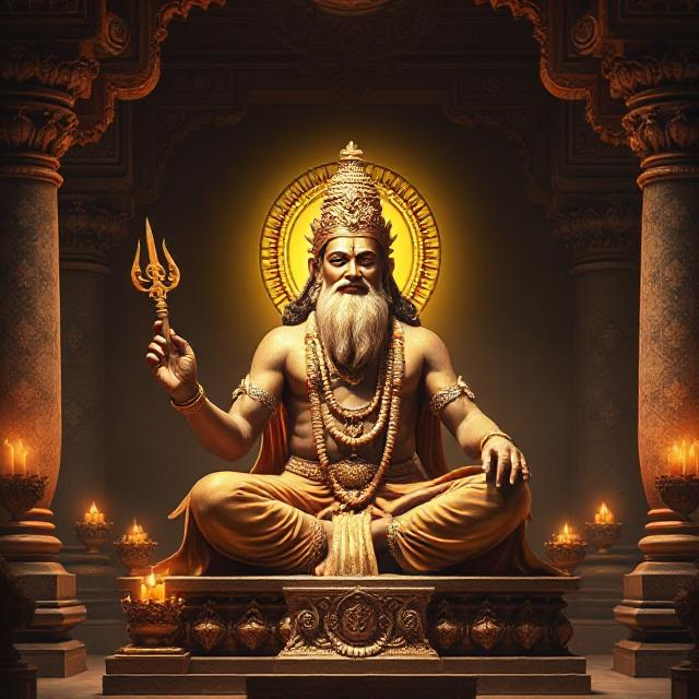 In this photo, Brihaspati Dev is sitting in his asana posture. In which he has a weapon in his hand and divine energy is emanating from his face.