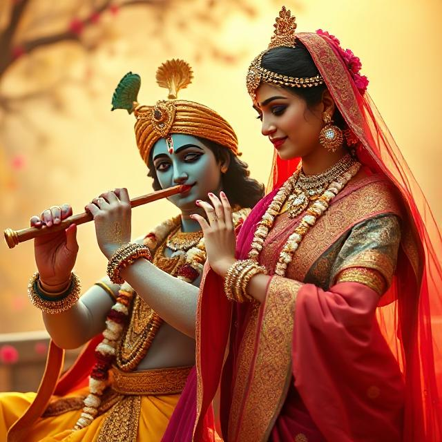 20+ Romantic Radha Krishna Photo- HD Images of Eternal Love 19 “Beautiful Radha Krishna standing together with divine expressions, Krishna holding a flute and Radha beside him in a graceful pose – a perfect glimpse of eternal love.”