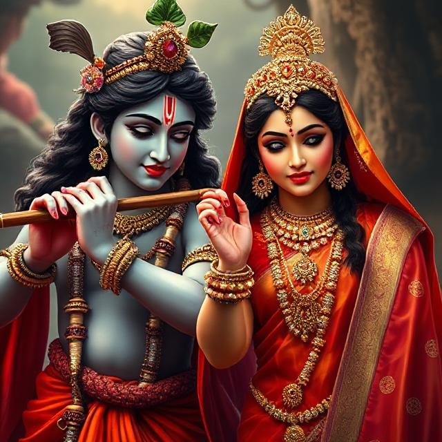 “Charming image of Radha Krishna in traditional clothes, Krishna with flute in hand and Radha gazing at him with pure devotion.”