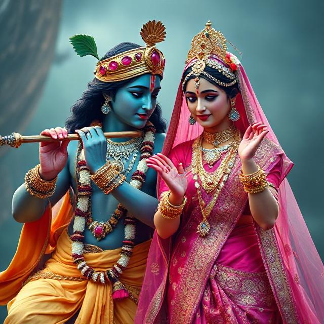 “Radha Krishna in divine attire, standing gracefully with Krishna playing the flute and Radha smiling with love – a serene glimpse of devotion.”