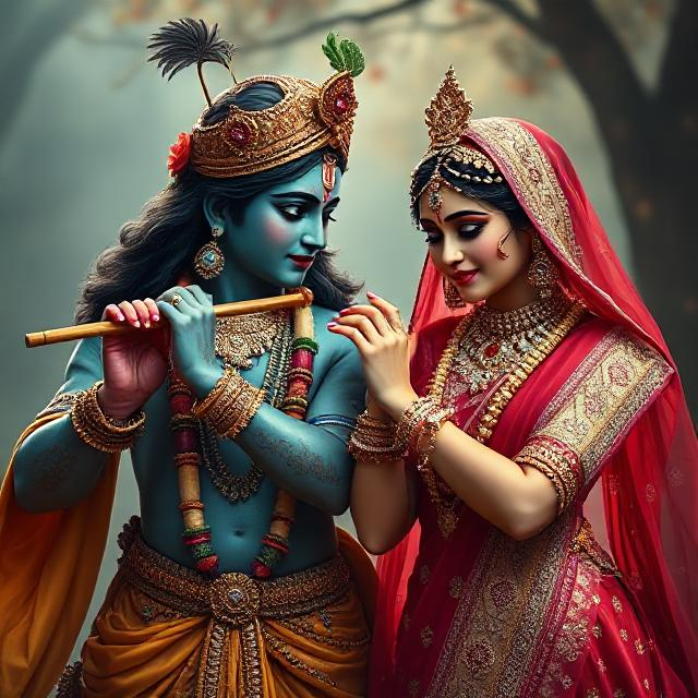 30+ Radha Krishna Photo Love 10 “Beautiful Radha Krishna standing together with divine expressions, Krishna holding a flute and Radha beside him in a graceful pose – a perfect glimpse of eternal love.”
