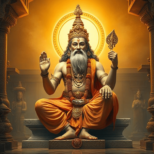 In this photo, Brihaspati Dev is sitting in his asana posture. In which he has a weapon in his hand and divine energy is emanating from his face.