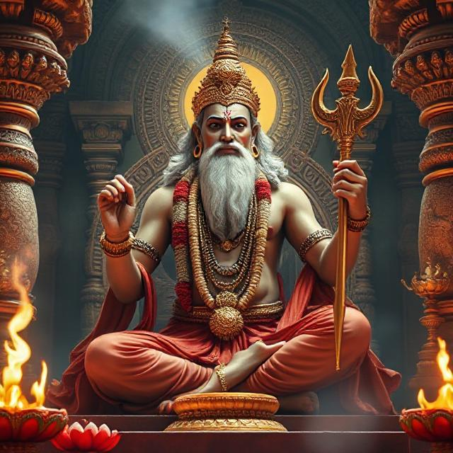 In this photo, Brihaspati Dev is sitting in his asana posture. In which he has a weapon in his hand and divine energy is emanating from his face.