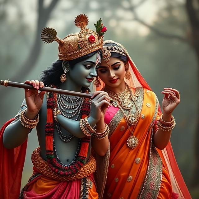 20+ Romantic Radha Krishna Photo- HD Images of Eternal Love 10 “Beautiful Radha Krishna standing together with divine expressions, Krishna holding a flute and Radha beside him in a graceful pose – a perfect glimpse of eternal love.”