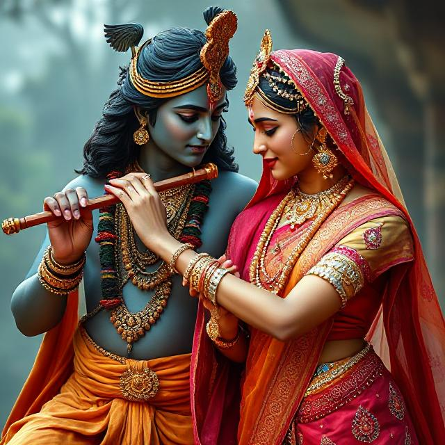 30+ Radha Krishna Photo Love 16 “Radha Krishna in divine attire, standing gracefully with Krishna playing the flute and Radha smiling with love – a serene glimpse of devotion.”