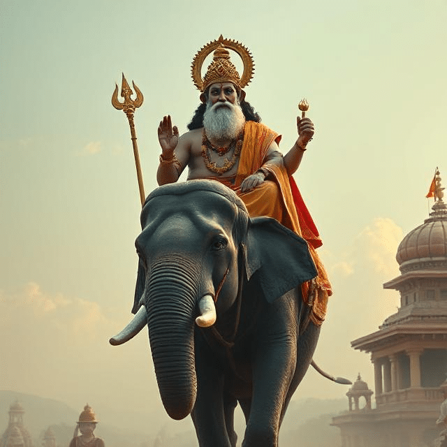 In this photo, Brihaspati Dev is sitting on his vehicle elephant. He has a weapon in his hand and divine energy is emanating from his face.