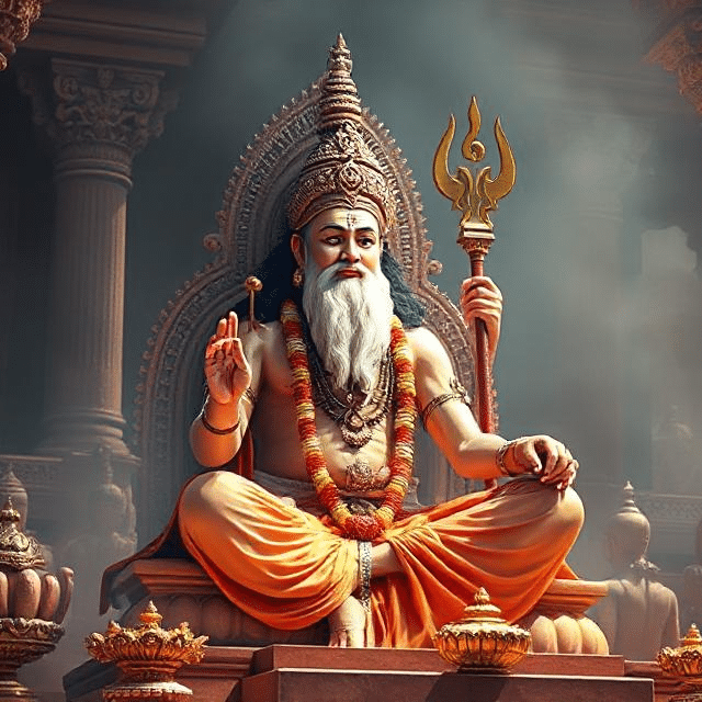 In this photo, Brihaspati Dev is sitting in his asana posture. In which he has a weapon in his hand and divine energy is emanating from his face.