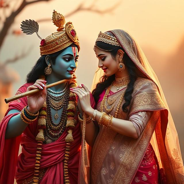 20+ Romantic Radha Krishna Photo- HD Images of Eternal Love 11 “Beautiful Radha Krishna standing together with divine expressions, Krishna holding a flute and Radha beside him in a graceful pose – a perfect glimpse of eternal love.”